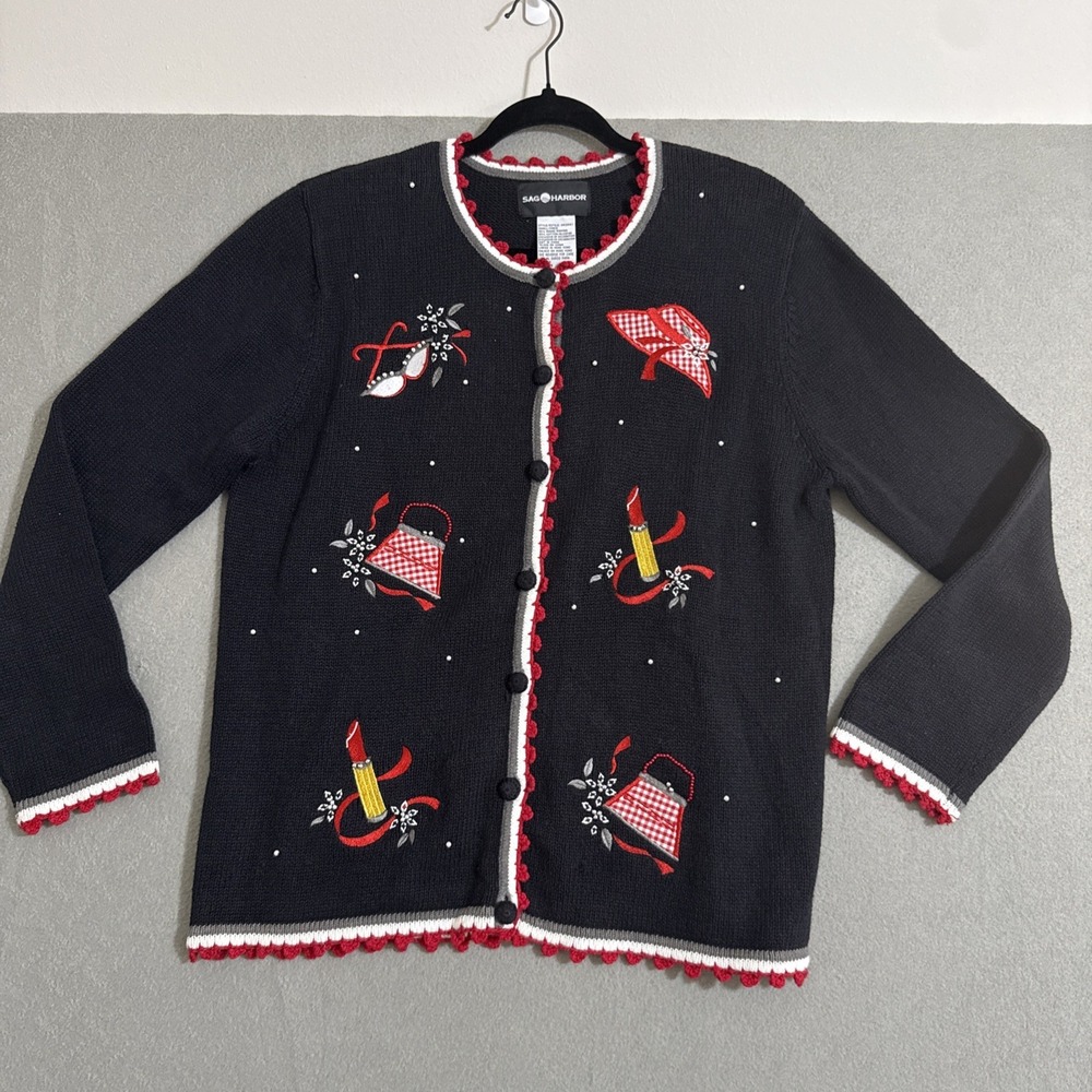 Vtg Cardigan Sweater S 90s Embroidered Embellished Black Cottagecore Granny‎ Y2K